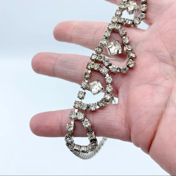 Vintage Clear Rhinestone Faux Diamond Ornate Choker Necklace - Picture 3 of 13